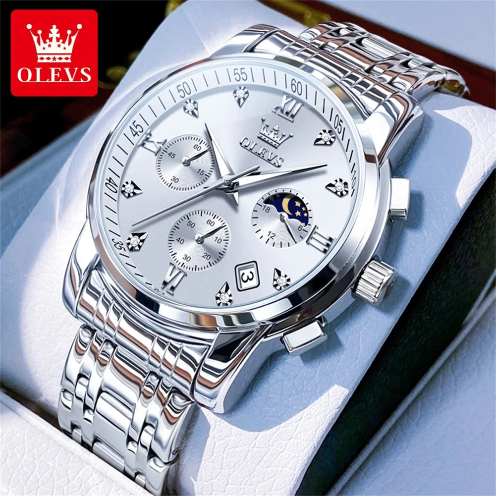 OLEVS 2858 Men's Watches Stainless Steel Waterproof Anti-Scratch Moon Phase Luminous Chronograph Luxury Quartz Men's Wristwatch