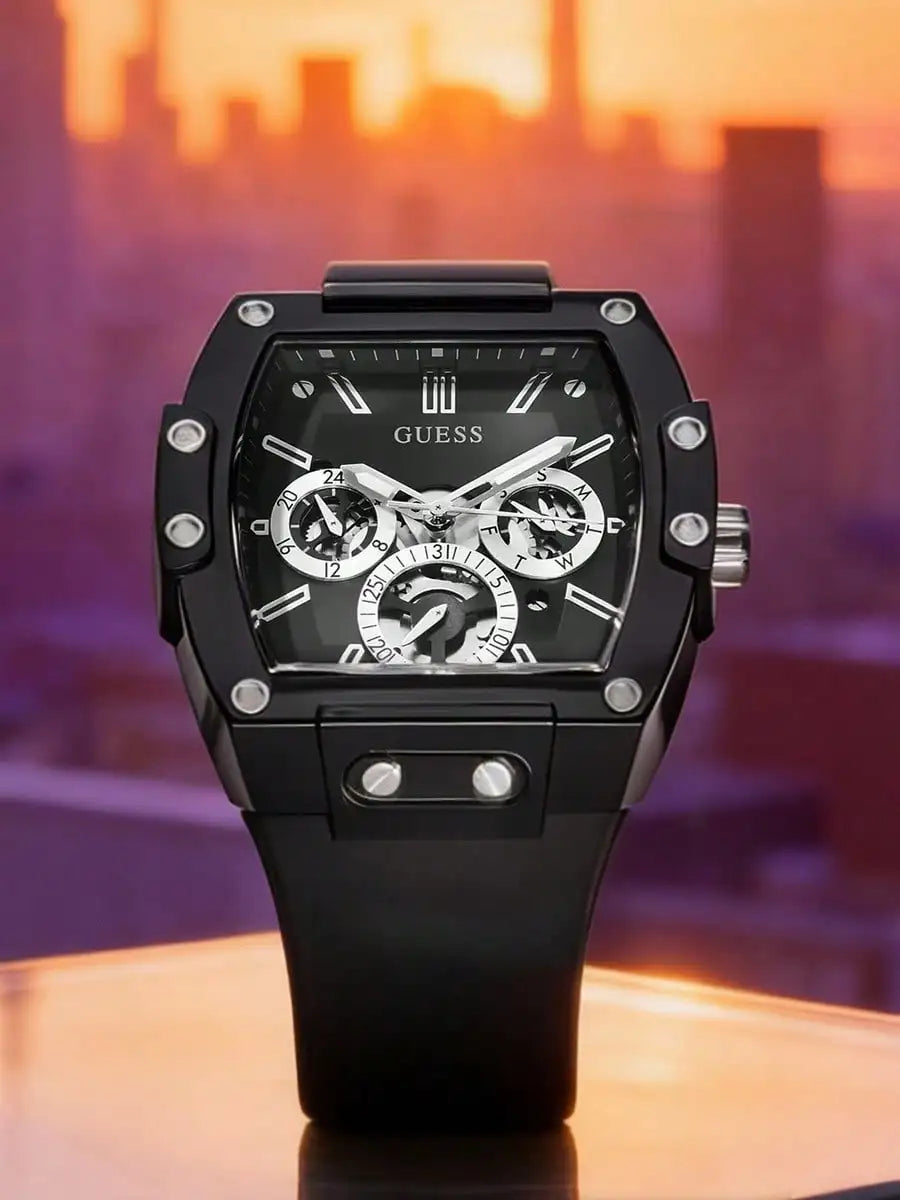 GUESS Men’s Luxury Quartz Watch – Black Silicone Strap | Tonneau Sport Design | Multi-Dial
