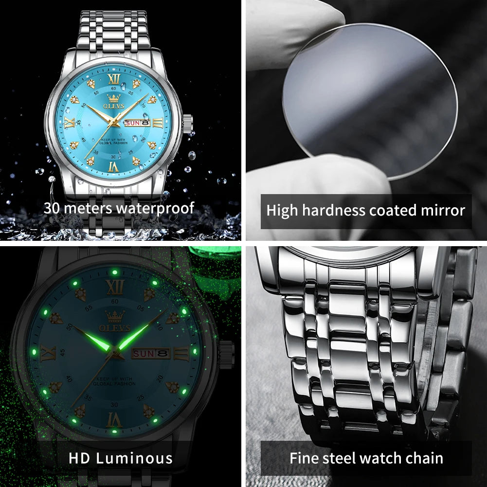 OLEVS 5513 Man Watches Exclusive Dual Calendar Original Quartz Watch For Men Diamond Roman Scale Waterproof Fashion Wristwatch