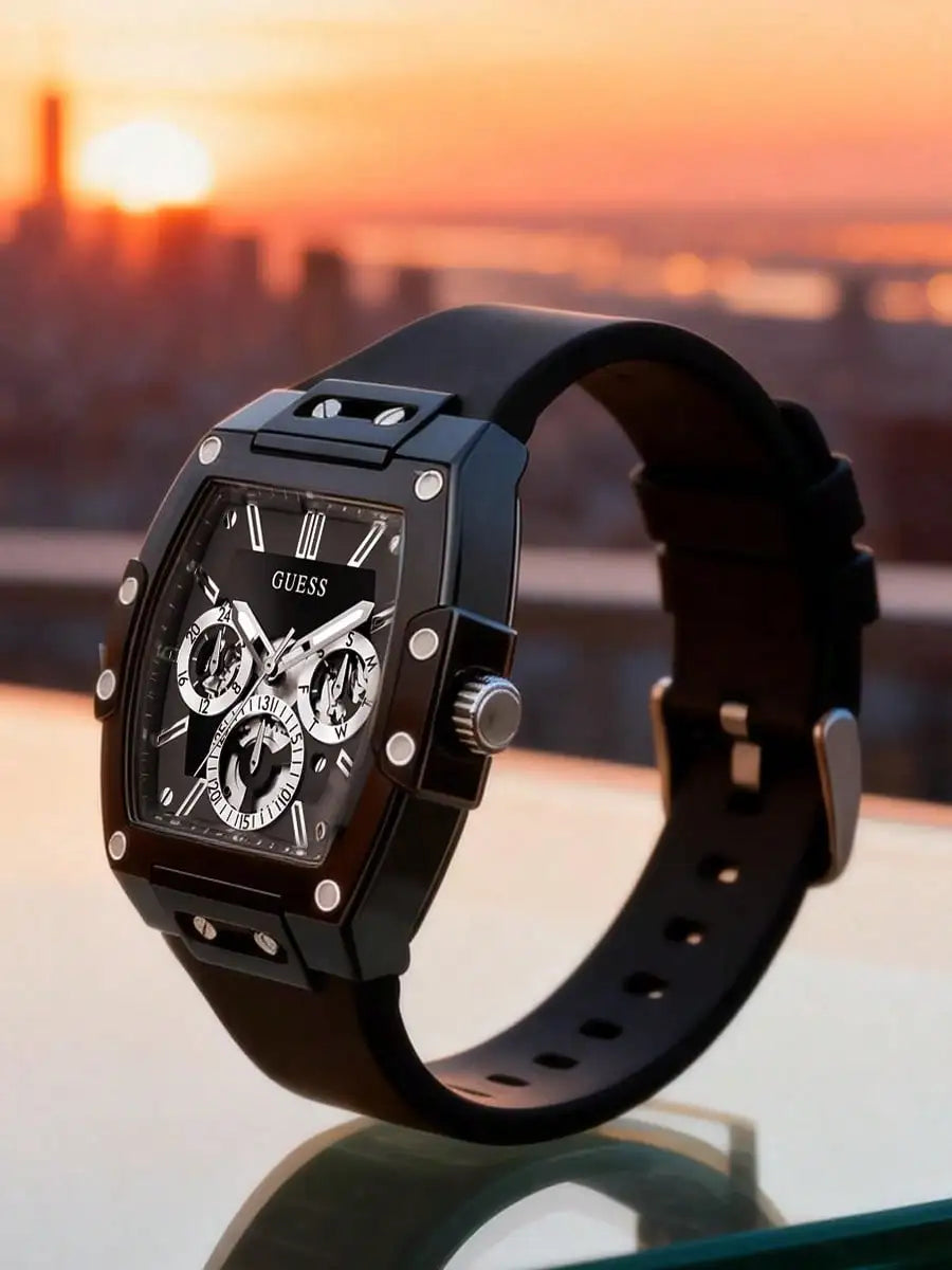 GUESS Men’s Luxury Quartz Watch – Black Silicone Strap | Tonneau Sport Design | Multi-Dial