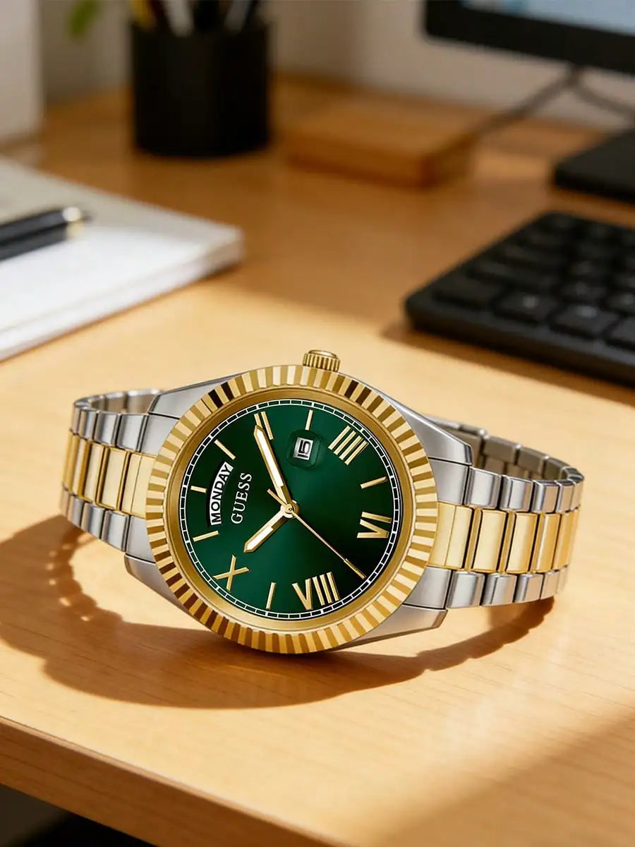 GUESS Luxury Men Watch Gold – Green Dial Date Display