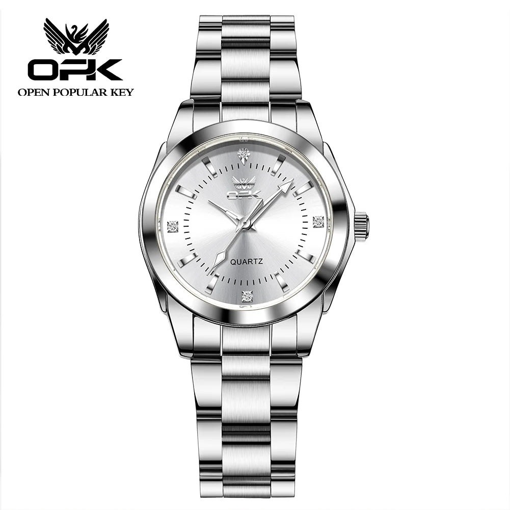 OPK brand luminous waterproof three-pin real nail scale steel belt ladies quartz watch 6002