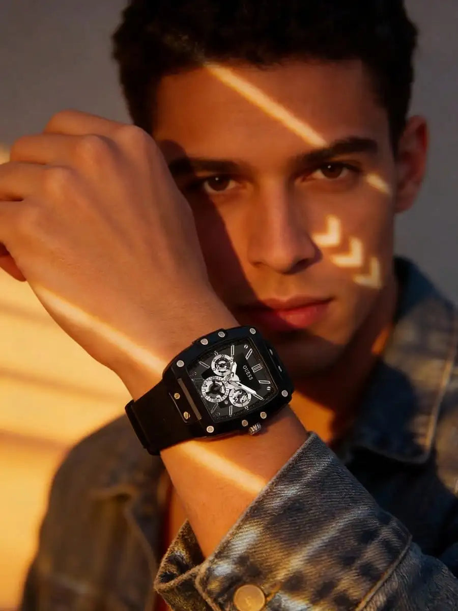 GUESS Men’s Luxury Quartz Watch – Black Silicone Strap | Tonneau Sport Design | Multi-Dial