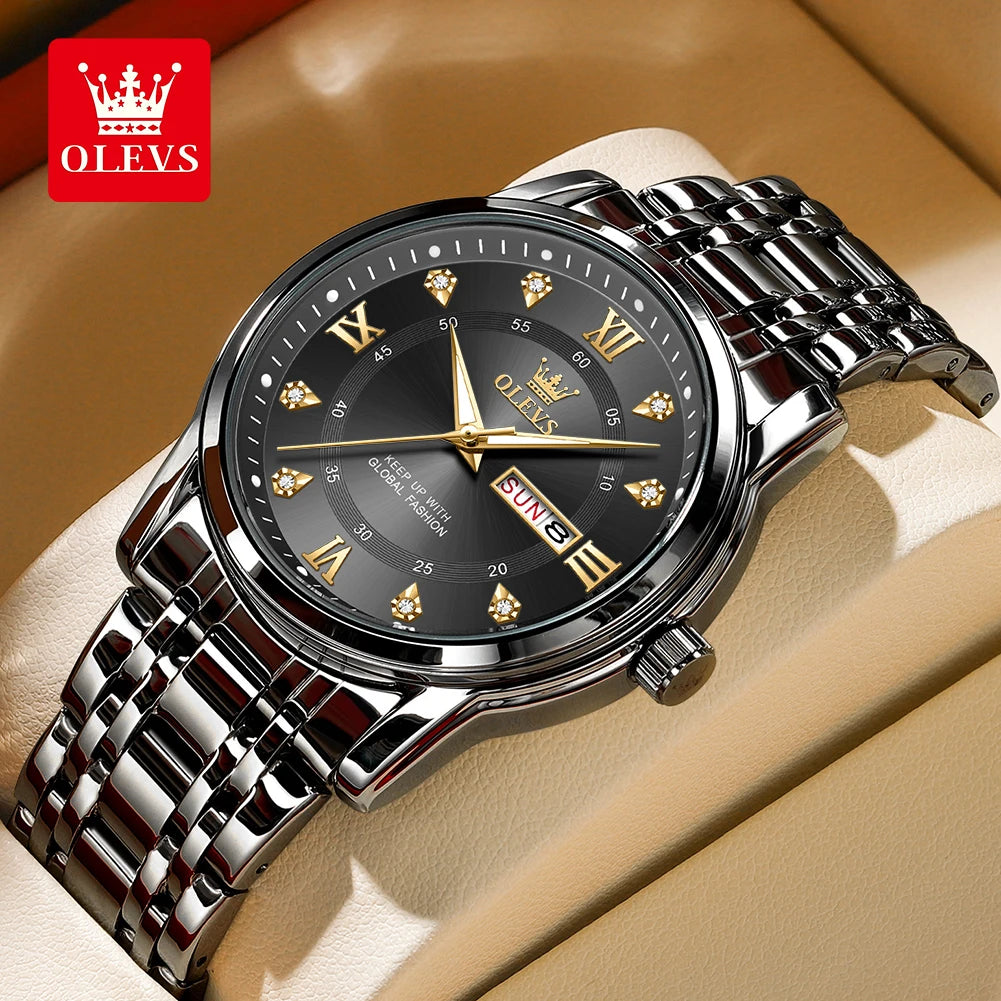OLEVS 5513 Man Watches Exclusive Dual Calendar Original Quartz Watch For Men Diamond Roman Scale Waterproof Fashion Wristwatch