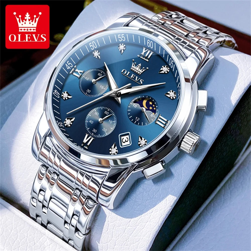 OLEVS 2858 Men's Watches Stainless Steel Waterproof Anti-Scratch Moon Phase Luminous Chronograph Luxury Quartz Men's Wristwatch
