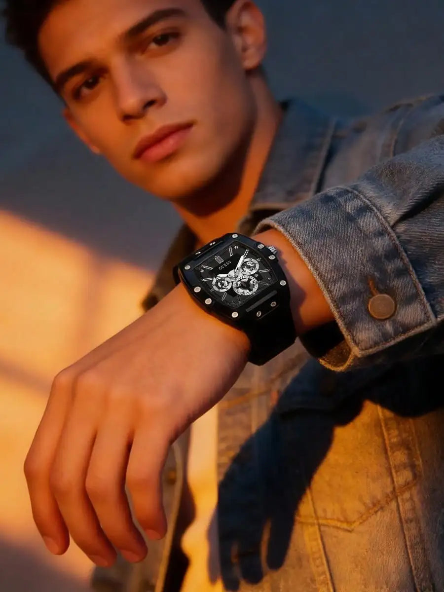 GUESS Men’s Luxury Quartz Watch – Black Silicone Strap | Tonneau Sport Design | Multi-Dial