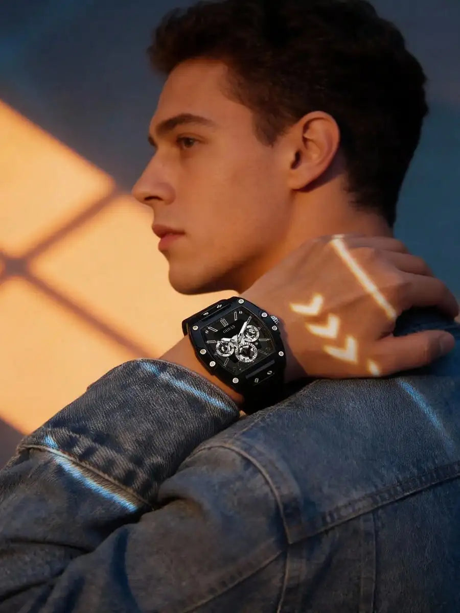 GUESS Men’s Luxury Quartz Watch – Black Silicone Strap | Tonneau Sport Design | Multi-Dial