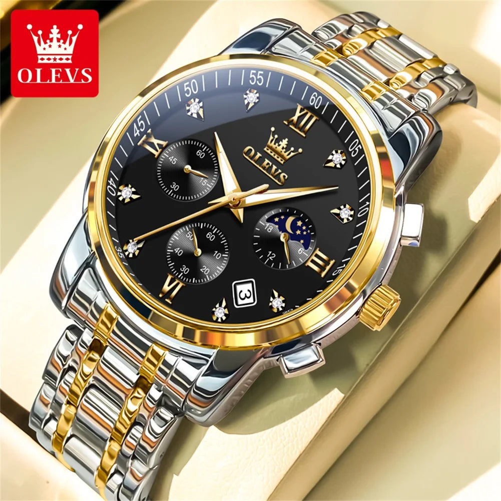 OLEVS 2858 Men's Watches Stainless Steel Waterproof Anti-Scratch Moon Phase Luminous Chronograph Luxury Quartz Men's Wristwatch