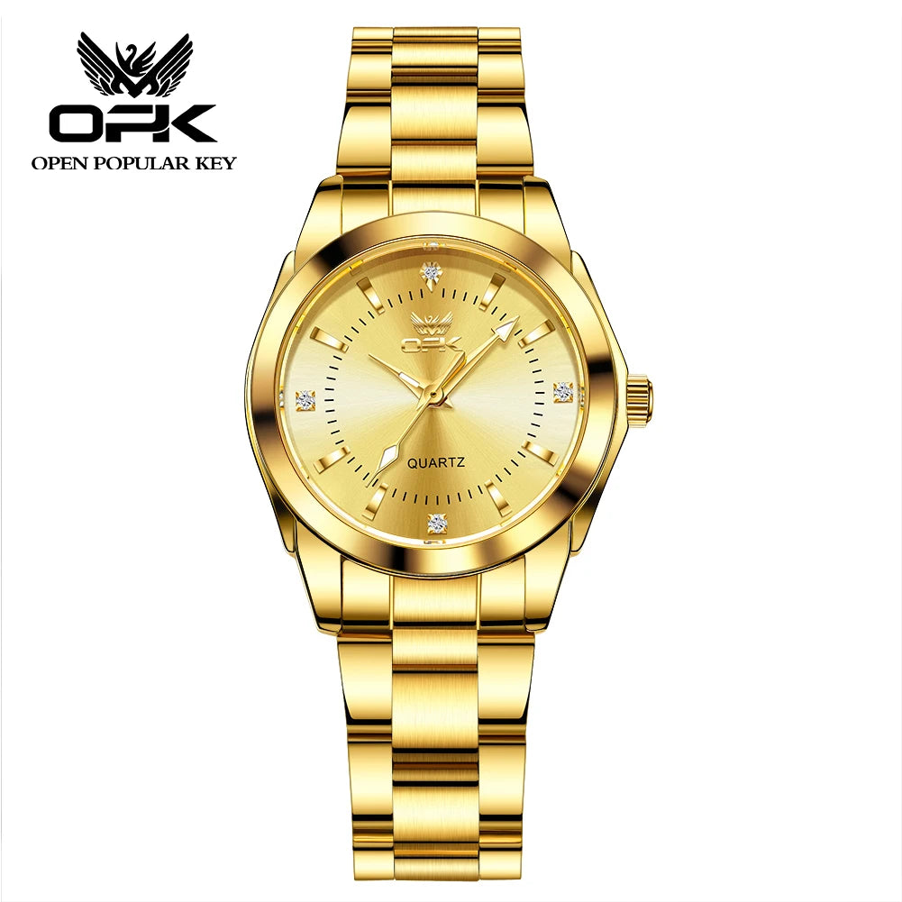 OPK brand luminous waterproof three-pin real nail scale steel belt ladies quartz watch 6002