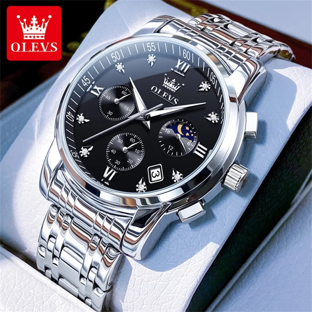 OLEVS 2858 Men's Watches Stainless Steel Waterproof Anti-Scratch Moon Phase Luminous Chronograph Luxury Quartz Men's Wristwatch