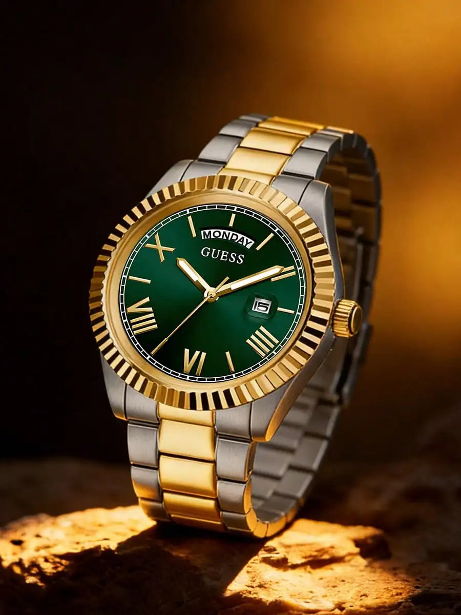 GUESS Luxury Men Watch Gold – Green Dial Date Display