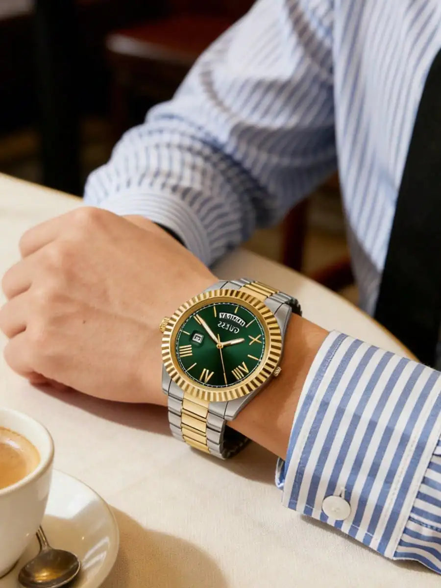 GUESS Luxury Men Watch Gold – Green Dial Date Display