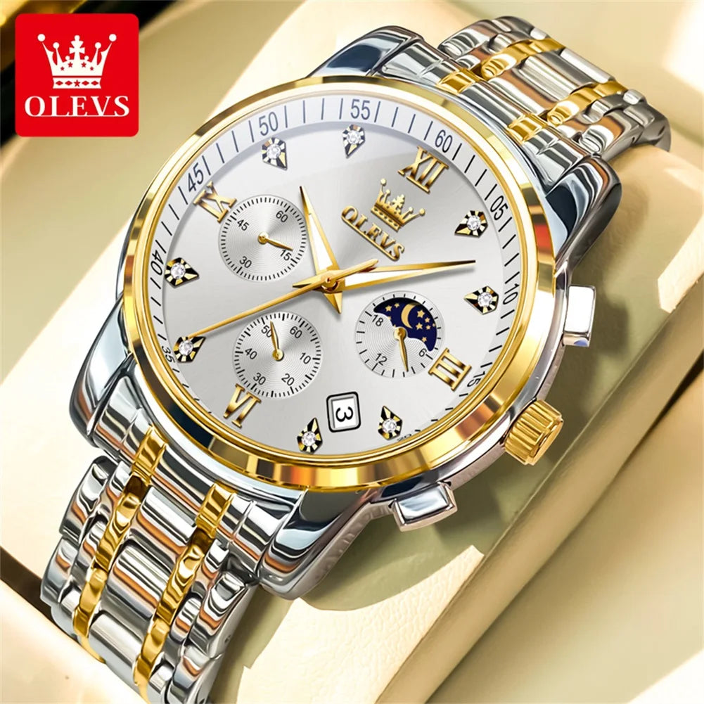 OLEVS 2858 Men's Watches Stainless Steel Waterproof Anti-Scratch Moon Phase Luminous Chronograph Luxury Quartz Men's Wristwatch