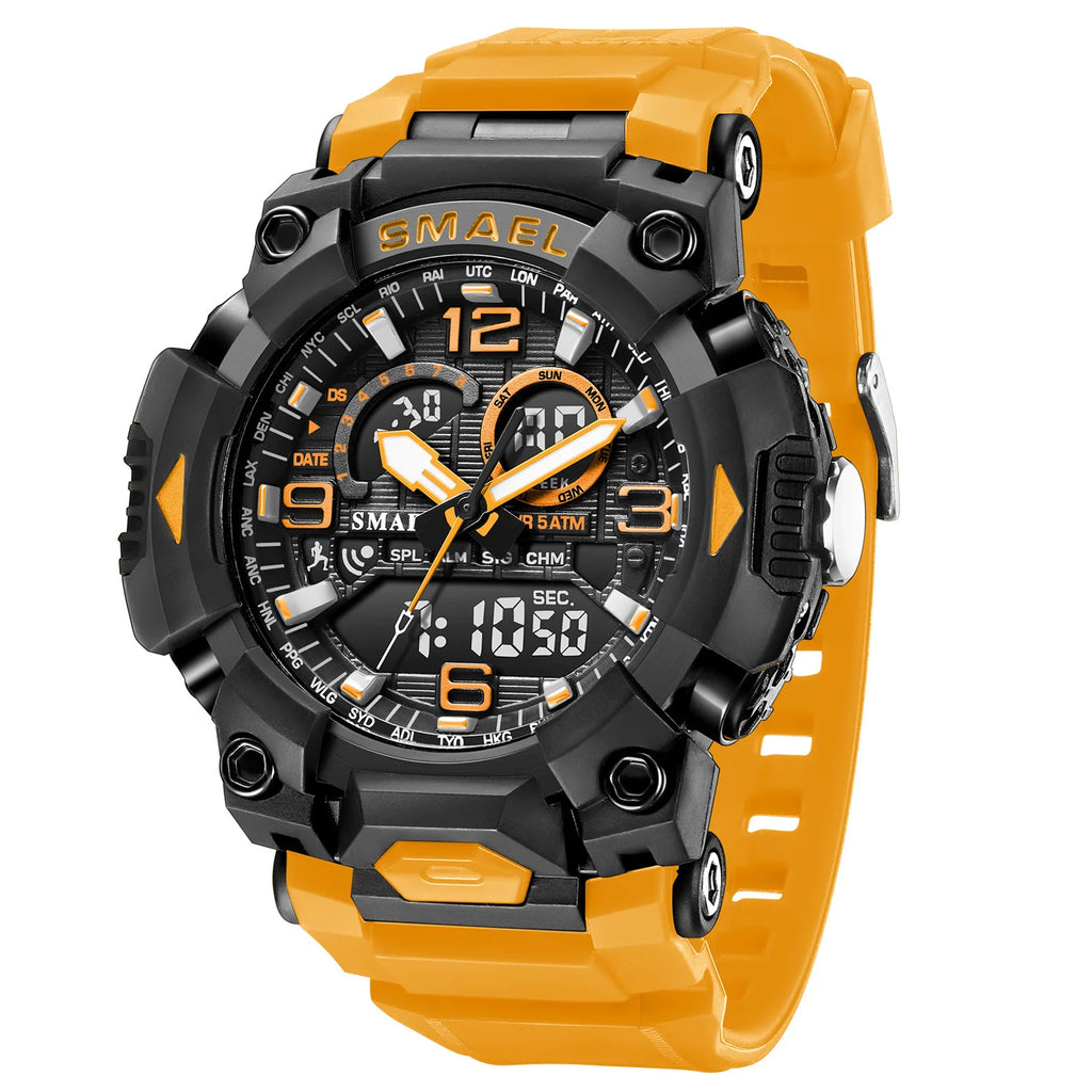 SMAEL Fashion Sports Casual Electronic Man Watch Dual Digital Display Silicone Strap Luminous Waterproof Alarm Watches for Men