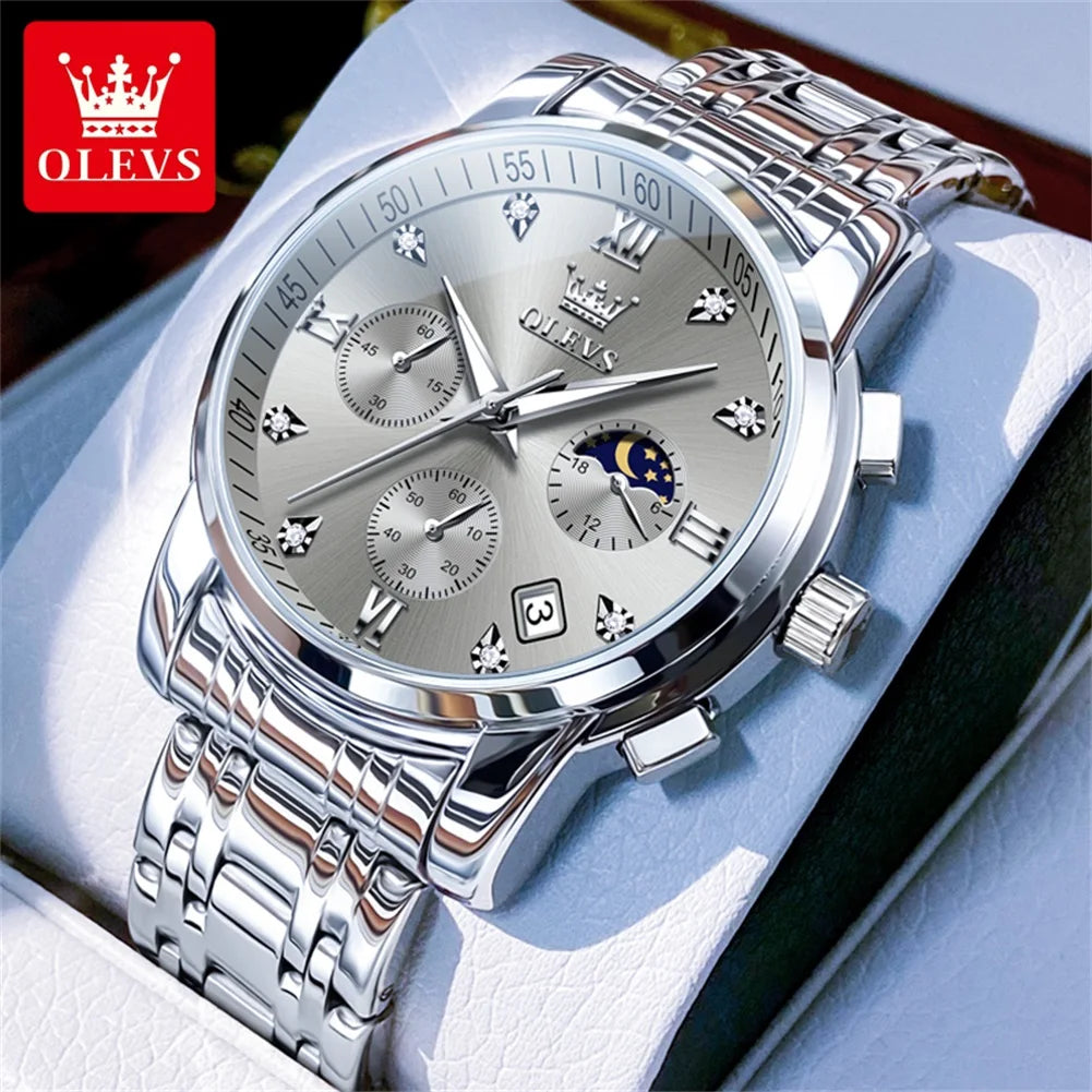OLEVS 2858 Men's Watches Stainless Steel Waterproof Anti-Scratch Moon Phase Luminous Chronograph Luxury Quartz Men's Wristwatch