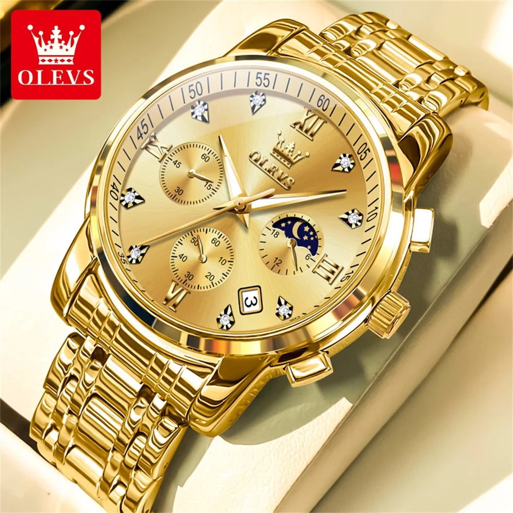 OLEVS 2858 Men's Watches Stainless Steel Waterproof Anti-Scratch Moon Phase Luminous Chronograph Luxury Quartz Men's Wristwatch
