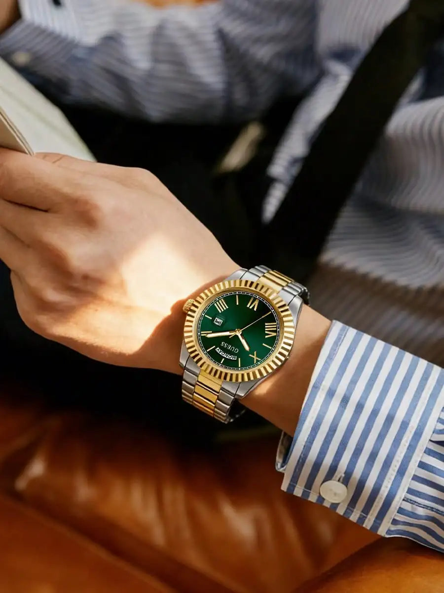 GUESS Luxury Men Watch Gold – Green Dial Date Display
