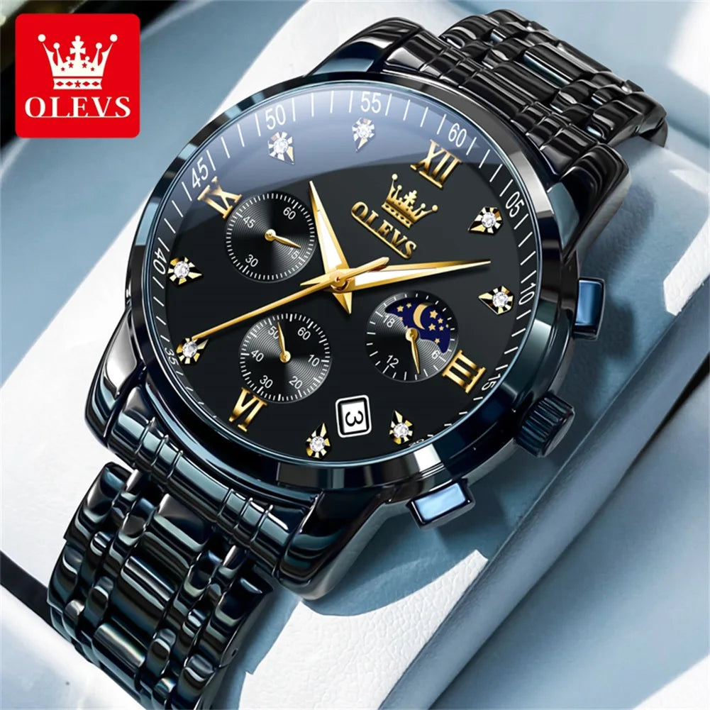 OLEVS 2858 Men's Watches Stainless Steel Waterproof Anti-Scratch Moon Phase Luminous Chronograph Luxury Quartz Men's Wristwatch