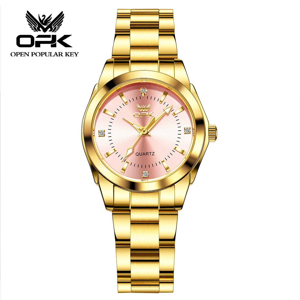 OPK brand luminous waterproof three-pin real nail scale steel belt ladies quartz watch 6002