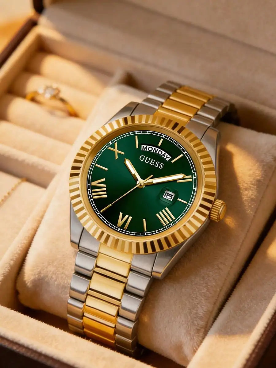 GUESS Luxury Men Watch Gold – Green Dial Date Display