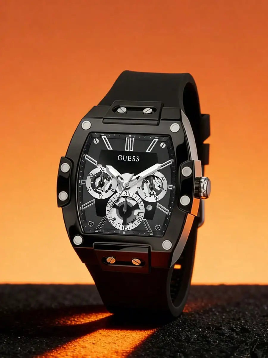 GUESS Men’s Luxury Quartz Watch – Black Silicone Strap | Tonneau Sport Design | Multi-Dial
